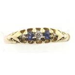 Antique 18ct gold, sapphire and diamond five stone ring, size O, 2.6g. P&P Group 1 (£14+VAT for