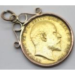 Edward VII 1906 full sovereign, Melbourne Mint, in a 9ct gold loose mount, 9.1g. P&P Group 1 (£14