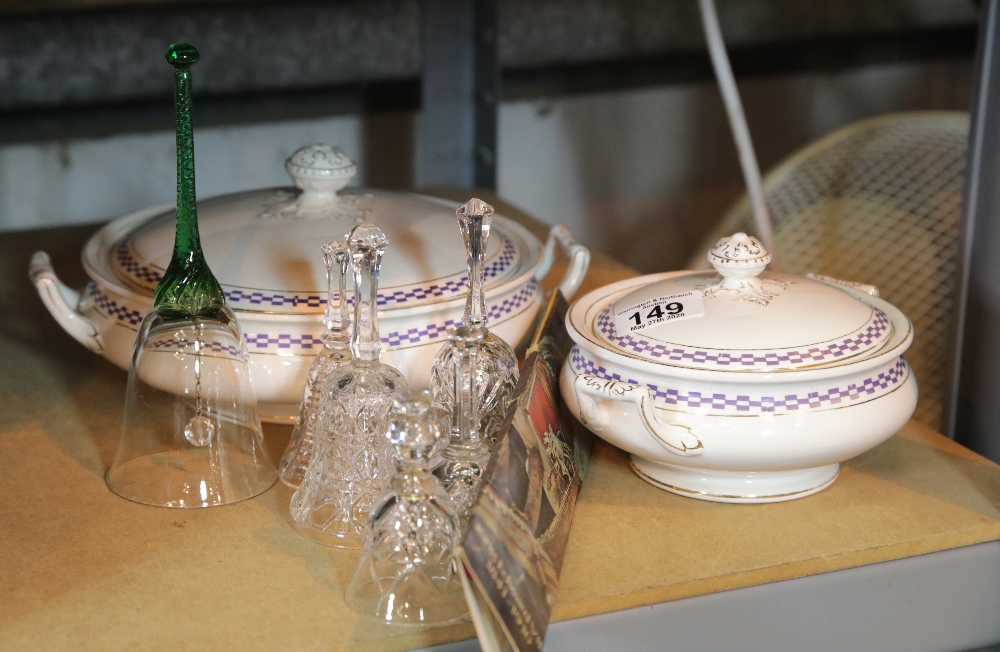 Selection of glass bells and two tureens with lids. P&P Group 1 (£14+VAT for the first lot and £1+