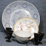 Four Japanese liqueur glasses, large blue and white bowl, tea bowl and a further bowl. P&P Group