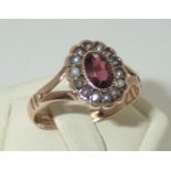 Antique Chester hallmarked 9ct rose gold amethyst and pearl cluster ring with split shoulders size