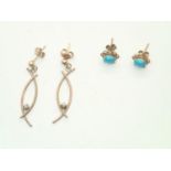 9ct gold pearl set earrings and 9ct gold turquoise set earrings, total weight 2.5g P&P group 1 (£