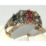 Antique presumed gold ruby sapphire and pearl ring Size K 1.5gLight wear to shank, otherwise good