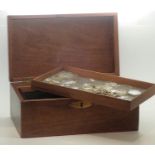 Mahogany collectors box with lift out trays, top tray containing various wrist and pocket watch