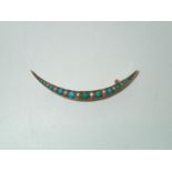 Victorian presumed 15ct gold turquoise and pearl crescent brooch One piece of turquoise chipped, pin