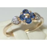 14ct gold four stone sapphire ring with diamond shoulders, size P, 2.4g P&P group 1 (£16 for the