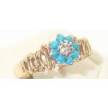 Vintage 18ct gold diamond and turquoise ring with bark effect shoulders, size L, 3.2g P&P group