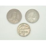 Swiss 5 Franc, Swiss 2 1/2 Franc and a 1961 Irish florin