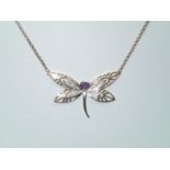 9ct gold amethyst and diamond dragonfly necklace, L: 40 cm, 4.2g P&P group 1 (£16 for the first item