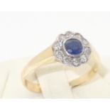 Vintage 18ct gold sapphire and diamond cluster cocktail ring, size J/K, 2.4g Good order throughout