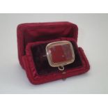 A boxed large Victorian mourning brooch, rectangular form having a large panel of agate, and