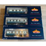 3x Bachmann OO Gauge BR Mk1 Blue & Grey Passenger Coaches To Include: 1x 39-150 First FK, 2X 39-050B