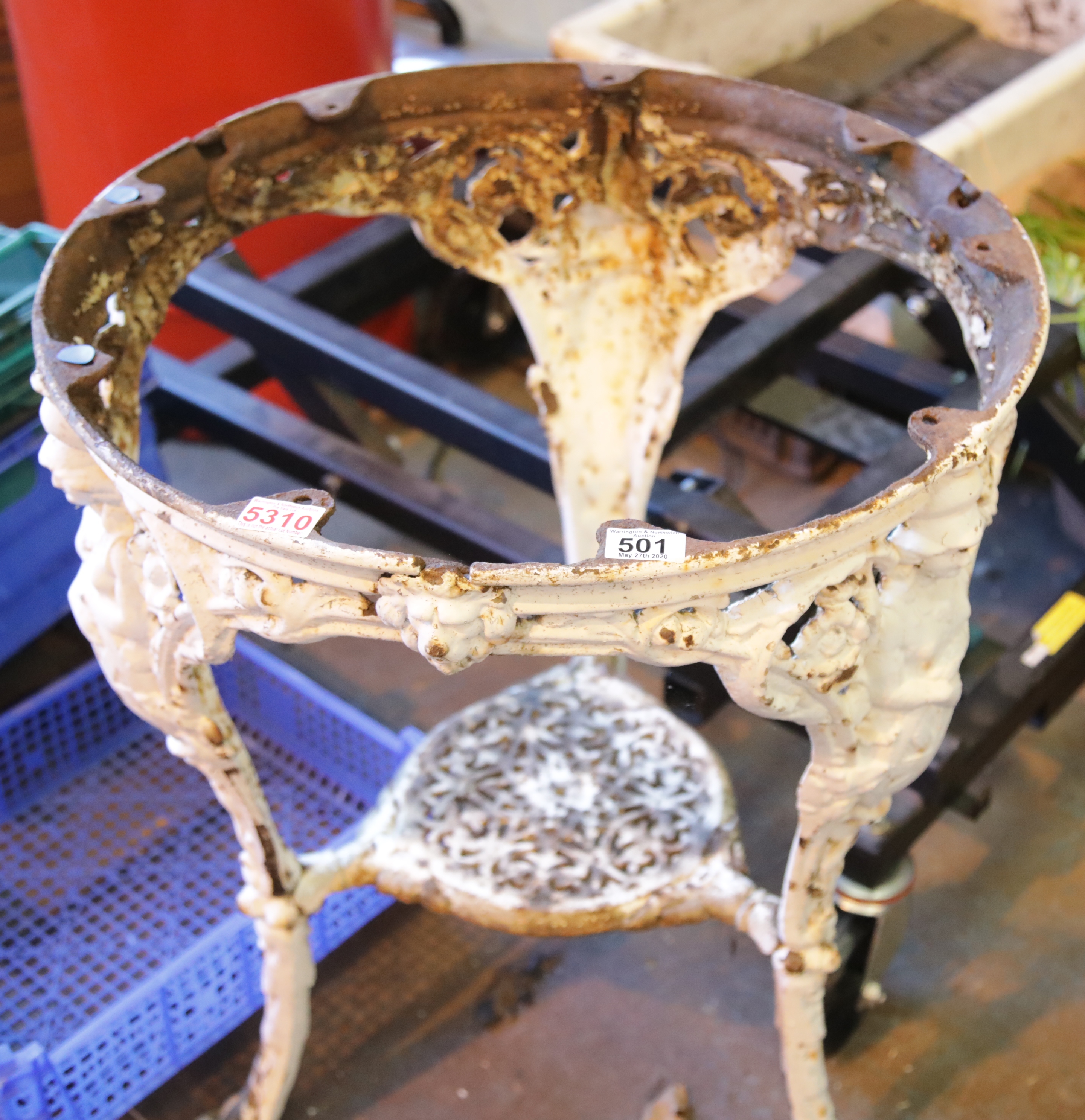 Cast Iron pub table with paw feet (no top) and two sections of cast iron semi circular garden