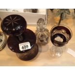 Dark Cranberry glass, lidded decanter, tall glass and small lidded vase. P&P Group 2 (£18+VAT for