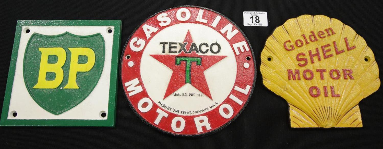 Three cast iron signs Texaco, BP and Shell Texaco. P&P Group 2 (£18+VAT for the first lot and £2+VAT