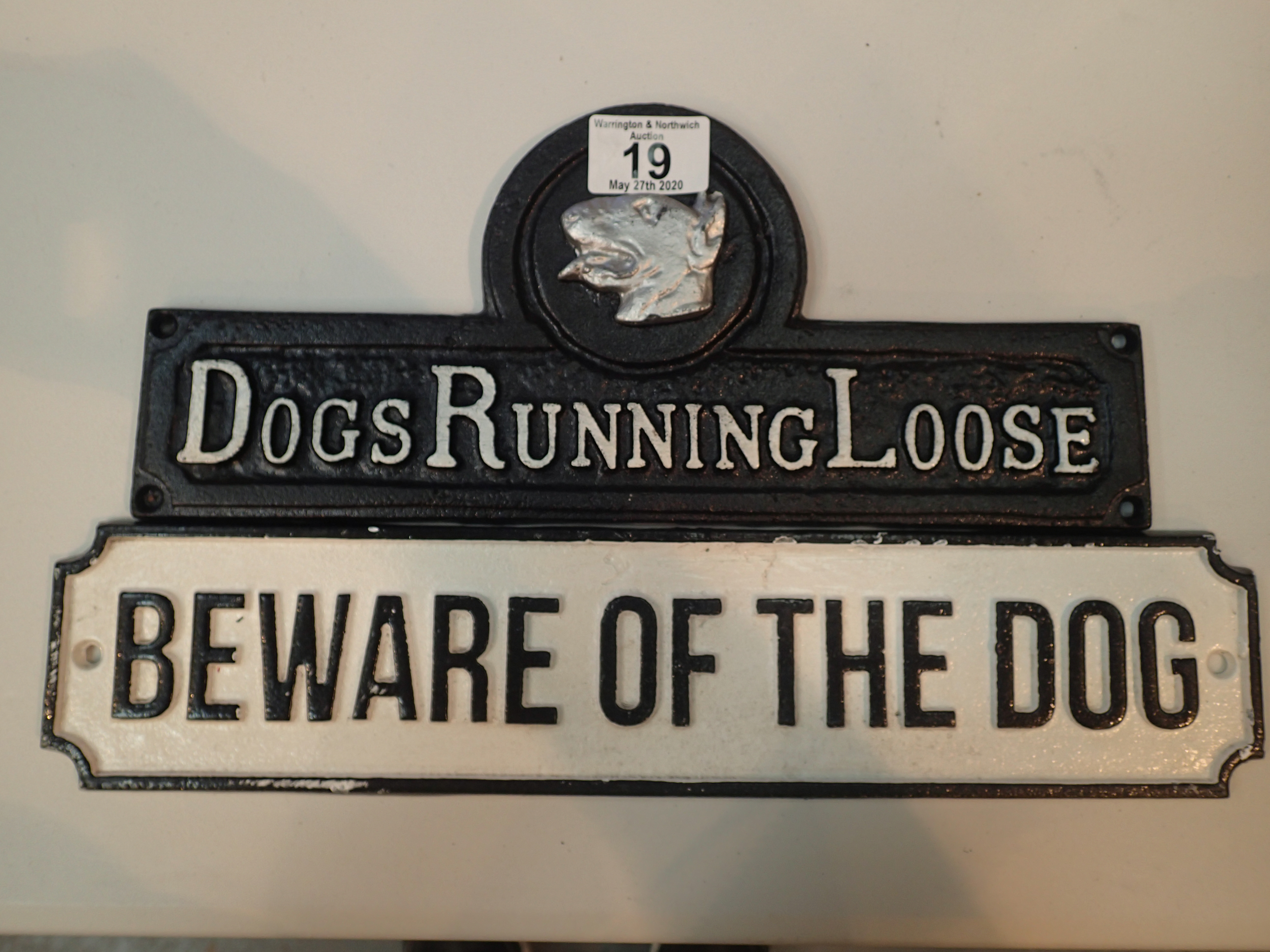 Two cast iron signs, Beware of the Dog, Dogs Running Loose , Largest sign L: 36 cm. P&P Group 2 (£