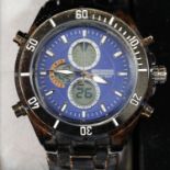 Old new stock black metal blue face multi dial Michael Philippe wristwatch on metal strap. P&P Group