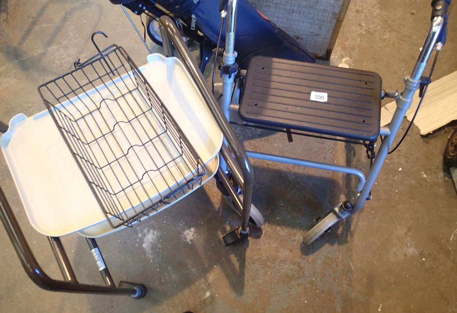 Two Disability walker one with seat and basket wheeled trolley with trays. This lot is not available