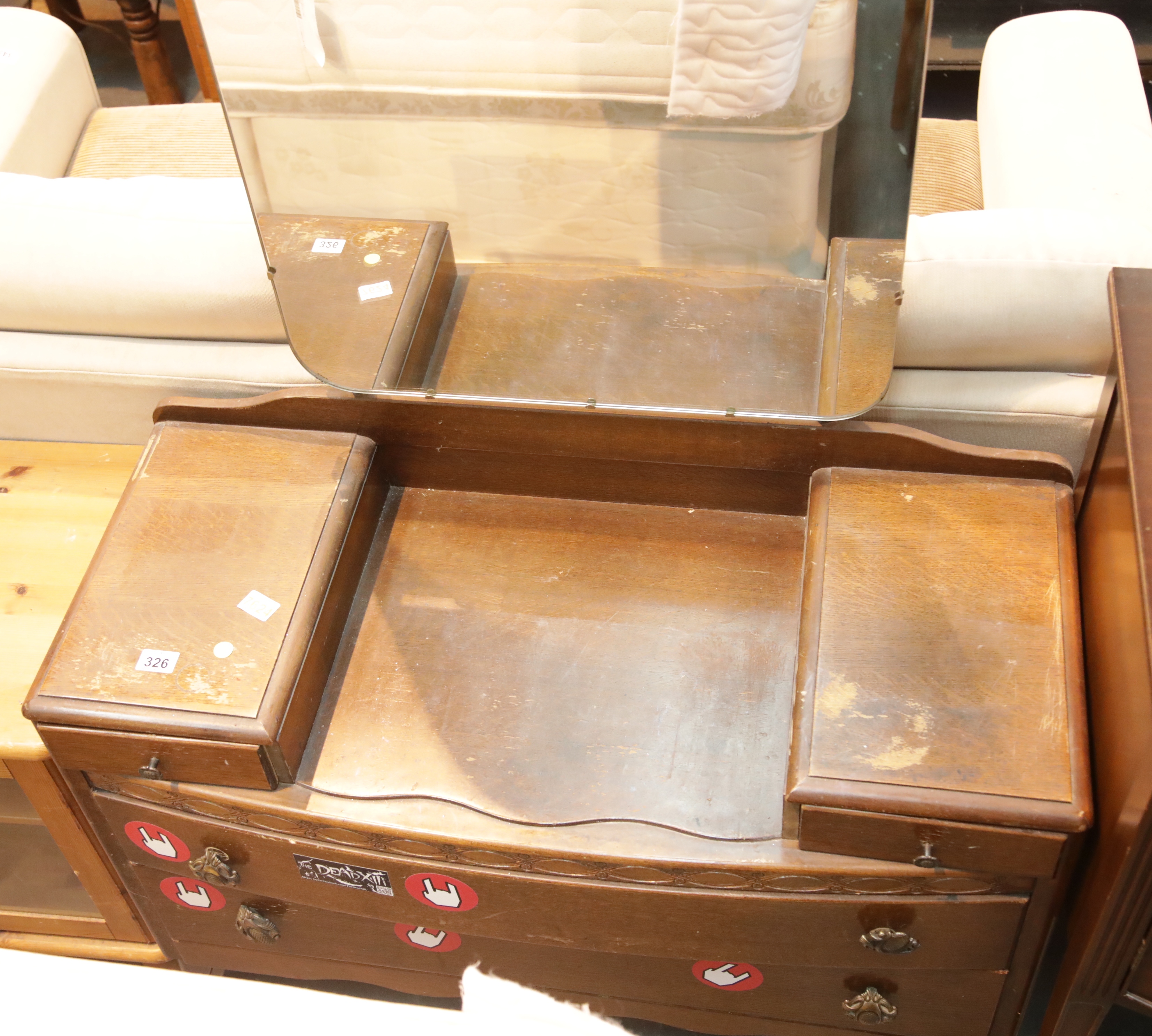 Wooden dressing table with five drawers, over mirror and a wardrobe. This lot is not available for