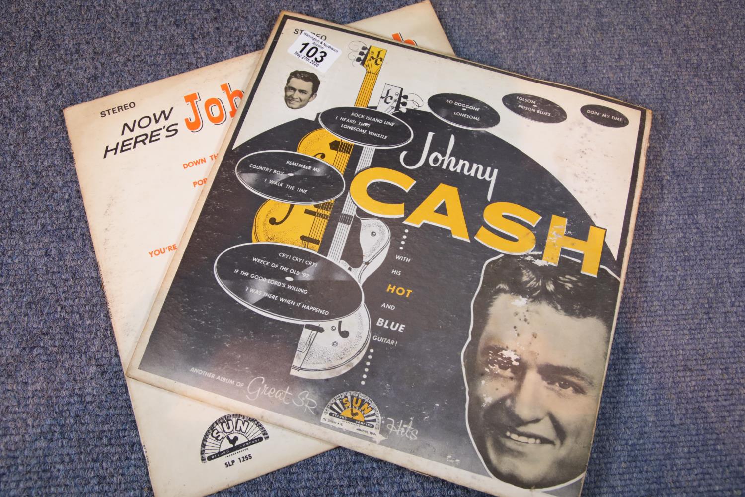 Two Johnny Cash LPs on Sun Record labels Now Here's Johnny Cash and Johnny Cash with His Hot and