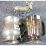 Silver plated tankard, pewter tanker and a white metal stag. P&P Group 1 (£14+VAT for the first