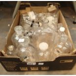 Box of chemistry type glass bottles comes with stoppers. This lot is not available for in-house P&P,