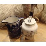Collection of ceramics including Doulton blue and white jug. This lot is not available for in-