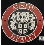 Cast iron Austin Healey sign D: 24 cm. P&P Group 2 (£18+VAT for the first lot and £2+VAT for