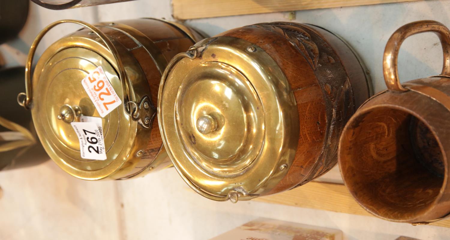 Two vintage oak biscuit barrels and a copper and wood coopered tankard. P&P Group 1 (£14+VAT for the