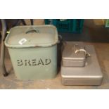 Green enamel bread bin, steel key box and a cash box. This lot is not available for in-house P&P,