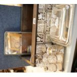 Collection of plated silverware including lidded travel mirror, a tiled planter box and a