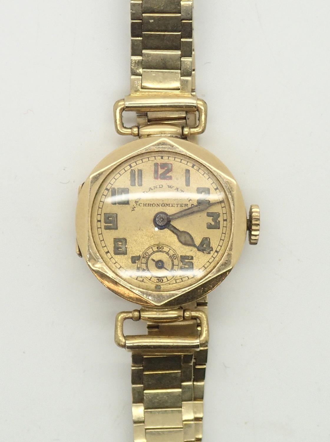 Way Land Watch Co 9ct gold Chronograph wristwatch on a 9ct gold expanding bracelet, faint