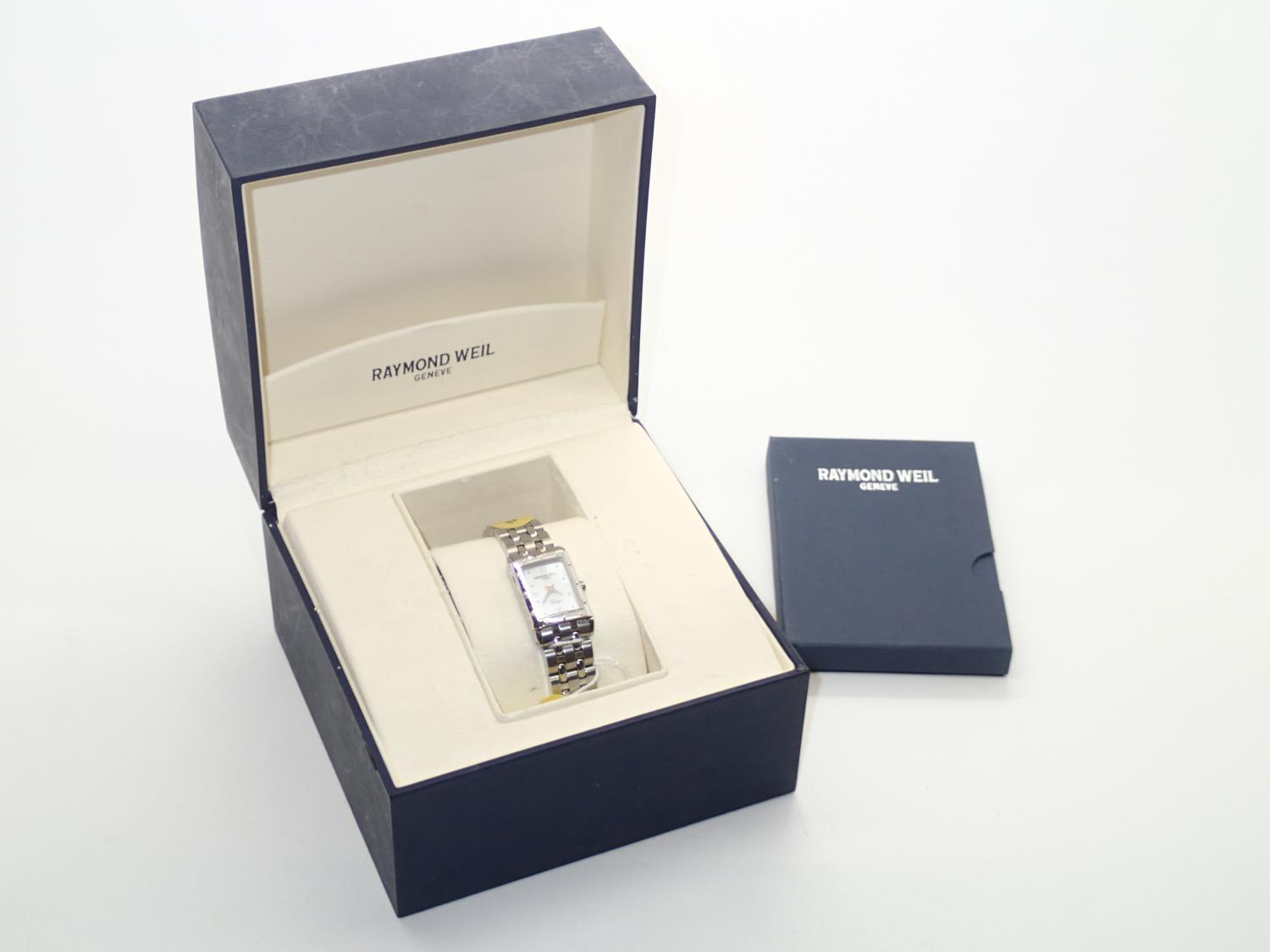 Ladies Raymond Weil Tango rectangular stainless steel wristwatch and mother of pearl dial with box