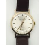 Vintage 9ct gold gents Ollivant & Botsford automatic wristwatch on leather strap with inscription
