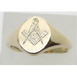 9ct gents masonic oval signet ring, size V, 8.4g. P&P Group 1 (£14+VAT for the first lot and £1+