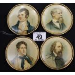 Set of four vintage circular literary portraits, depicting Burns, Dickens, Byron and Tennyson. P&P
