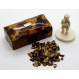 Victorian shell brooch box with white metal label 65 x 33 x 28 mm, a small carved ivory figure and a