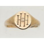 Gents 9ct gold signet ring with HH engraved monogram, size Q, 5.8g. P&P Group 1 (£14+VAT for the