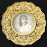 French Haviland ceramic plaque inscribed Lucy Roch, c1900 in a gilt brass frame D: 14.5 cm. P&P