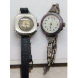 Two vintage silver ladies cocktail wristwatches, one with silver strap, one leather, both mechanical