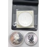 Fine silver Canada Maple Leaf dollar, silver QEII 90th birthday crown and enamelled Falkland Islands