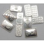 Ten 1g fine silver bars with various designs. P&P Group 1 (£14+VAT for the first lot and £1+VAT