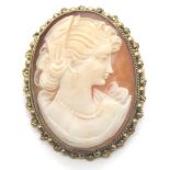Vintage oval carved shell cameo set in a yellow metal brooch mount, H: 45 mm. P&P Group 1 (£14+VAT