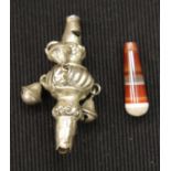 Victorian hallmarked silver infant's rattle with incorporated whistle, having a banded agate grip L: