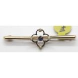 Edwardian 15ct gold sapphire and seed pearl bar brooch, 2.6g. P&P Group 1 (£14+VAT for the first lot