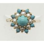 Vintage 9ct rose gold turquoise and seed pearl cluster ring, size L, 3.0g. P&P Group 1 (£14+VAT