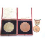 Two boxed bronze table medals for 1902 Coronation and Victoria 60 years reign, and a 1911 Coronation