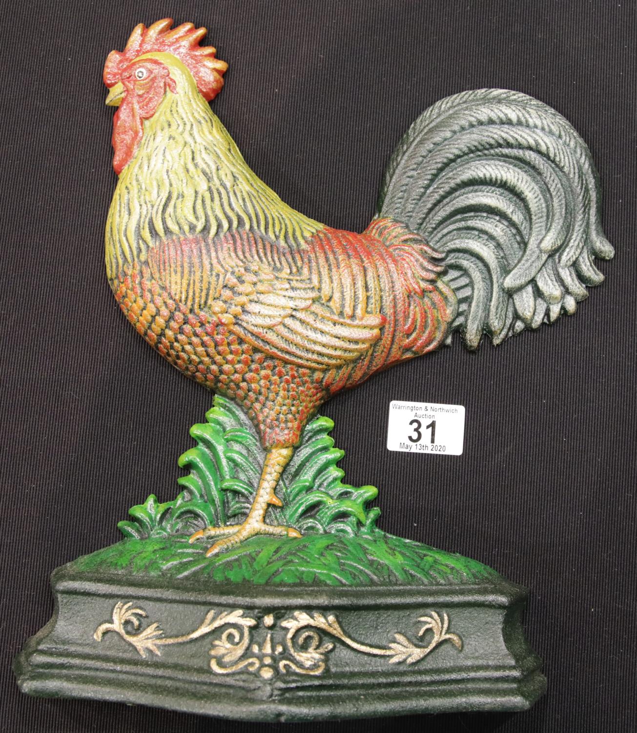 Large cast iron cockerel doorstop H: 34 cm. P&P Group 2 (£18+VAT for the first lot and £2+VAT for