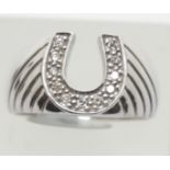 Gents 9ct white gold diamond set horseshoe ring, size S, 6.0g. P&P Group 1 (£14+VAT for the first