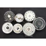 Five vintage fly reels and two spare spools. P&P Group 2 (£18+VAT for the first lot and £2+VAT for